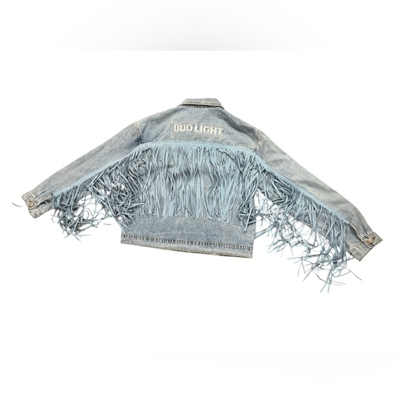 Vintage Bud Light Denim Fringe Jacket size large - Picture 2 of 8